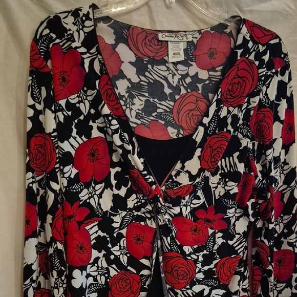 Claudia Richard Red and white  with Black  and  red floral rose designFloral Top - Picture 1 of 13